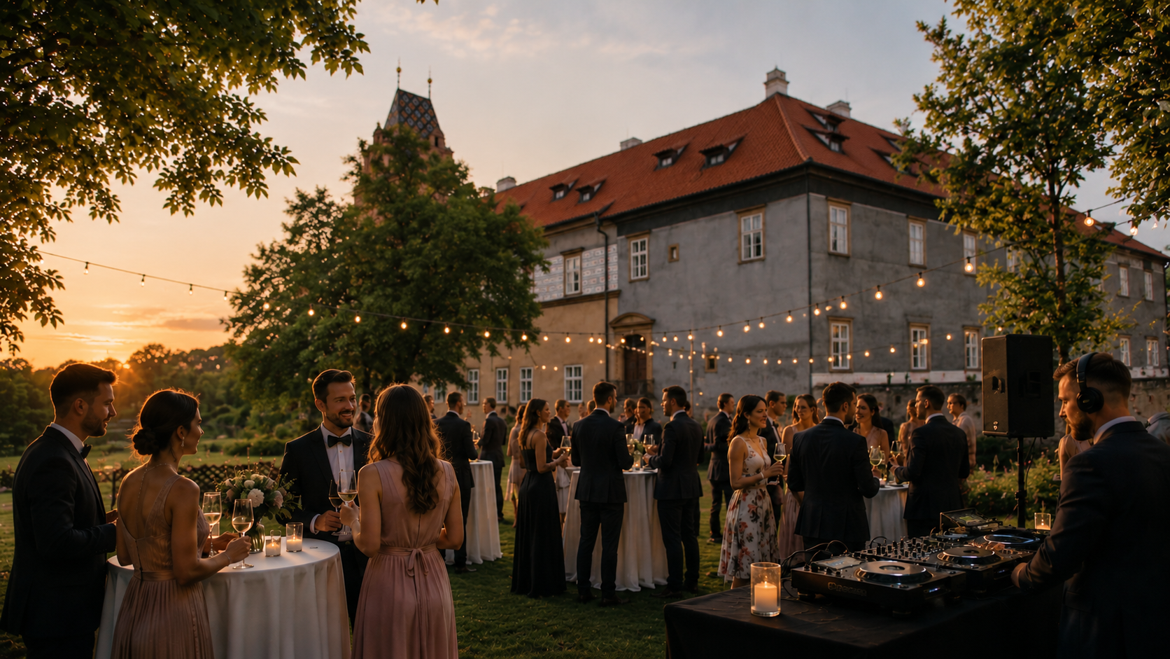 Wedding guests gathered by Brandýs nad Labem Chateau during an evening celebration