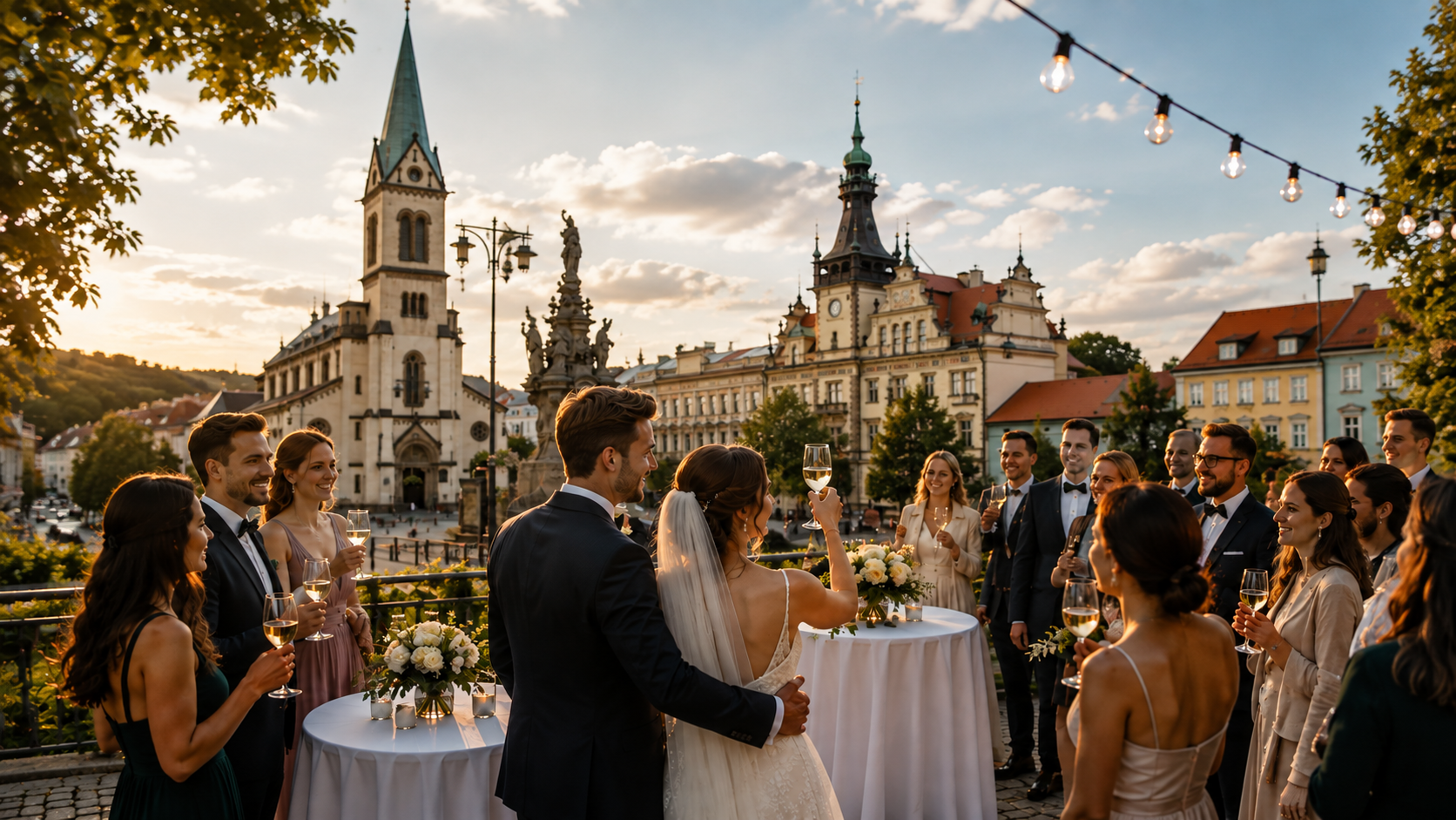 Novomanželé s hosty při přípitku na náměstí Starosty Pavla v Kladně při západu slunce