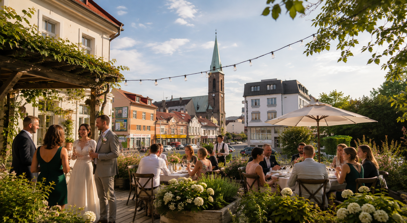 Wedding reception on a terrace overlooking the church tower in Kralupy nad Vltavou
