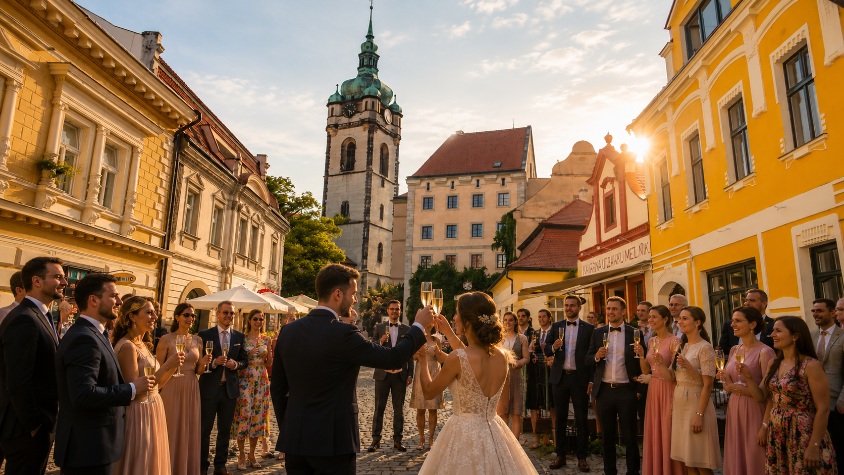 Newlyweds with wedding guests in the historic centre of Mělník