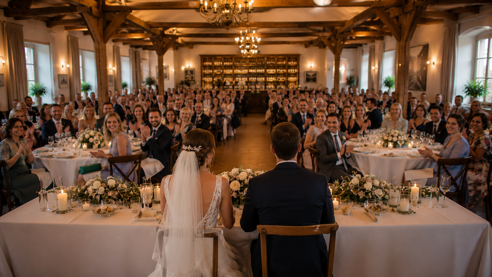 Novomanželé v čele svatební hostiny v elegantním interiéru restaurace ve Slaném